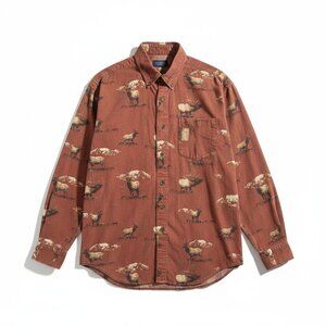 River Lodge Moose Print Corduroy Shirt Men’s L Rust Red 100% Cotton Button-Up